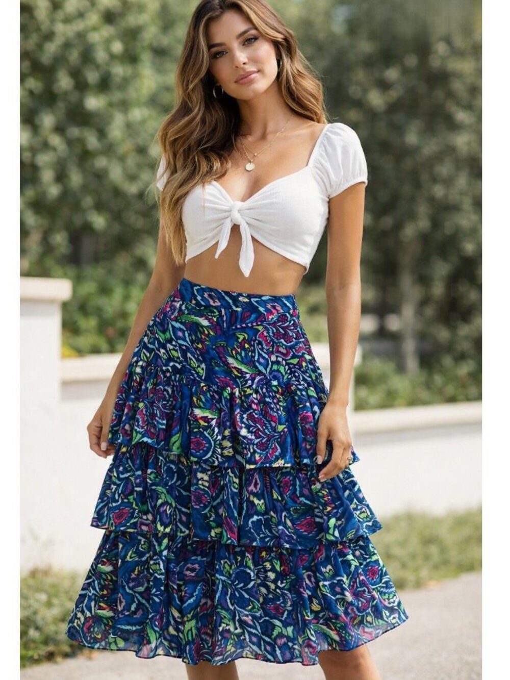 YAKIRA BELLA Boho Ikat Print Tiered Ruffle Midi Skirt Metallic Shimmer Sz XS